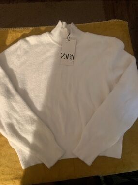 ZARA White Mock Neck Fuzzy Sweater
